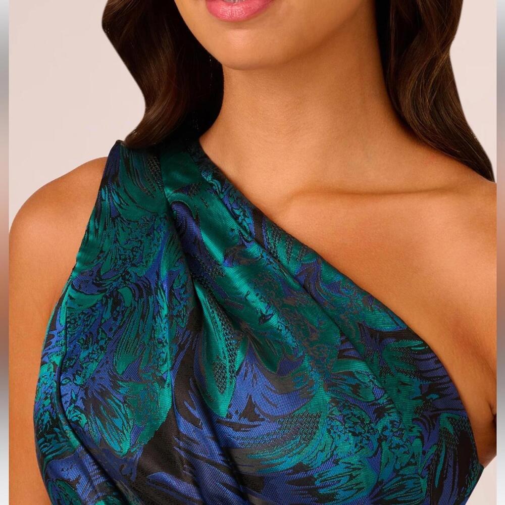 Adrianna Papell One Shoulder Jacquard Mermaid Gown Drape Detail Cobalt Green *8 - Picture 10 of 13